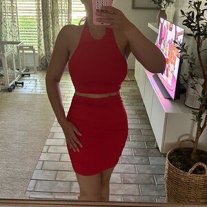 Red Halter Crop Top and Skirt Set